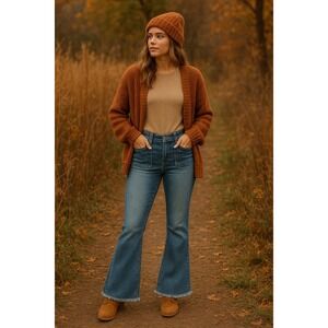 Indigo Rising Flare Jeans Medium‎ Wash Frayed Hem Stretch Denim Juniors Sz 15/16